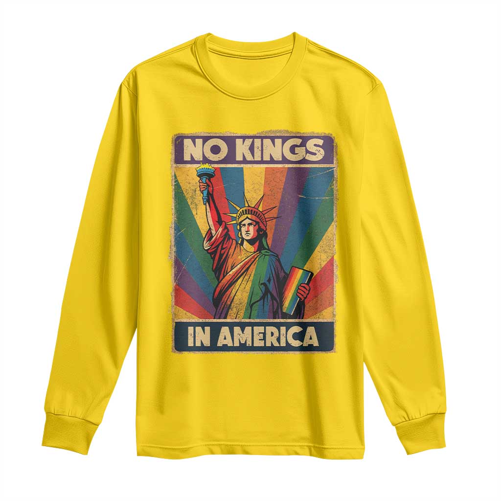 No Kings in America Pride Long Sleeve Shirt Rainbow Statue of Liberty Protest - Wonder Print Shop