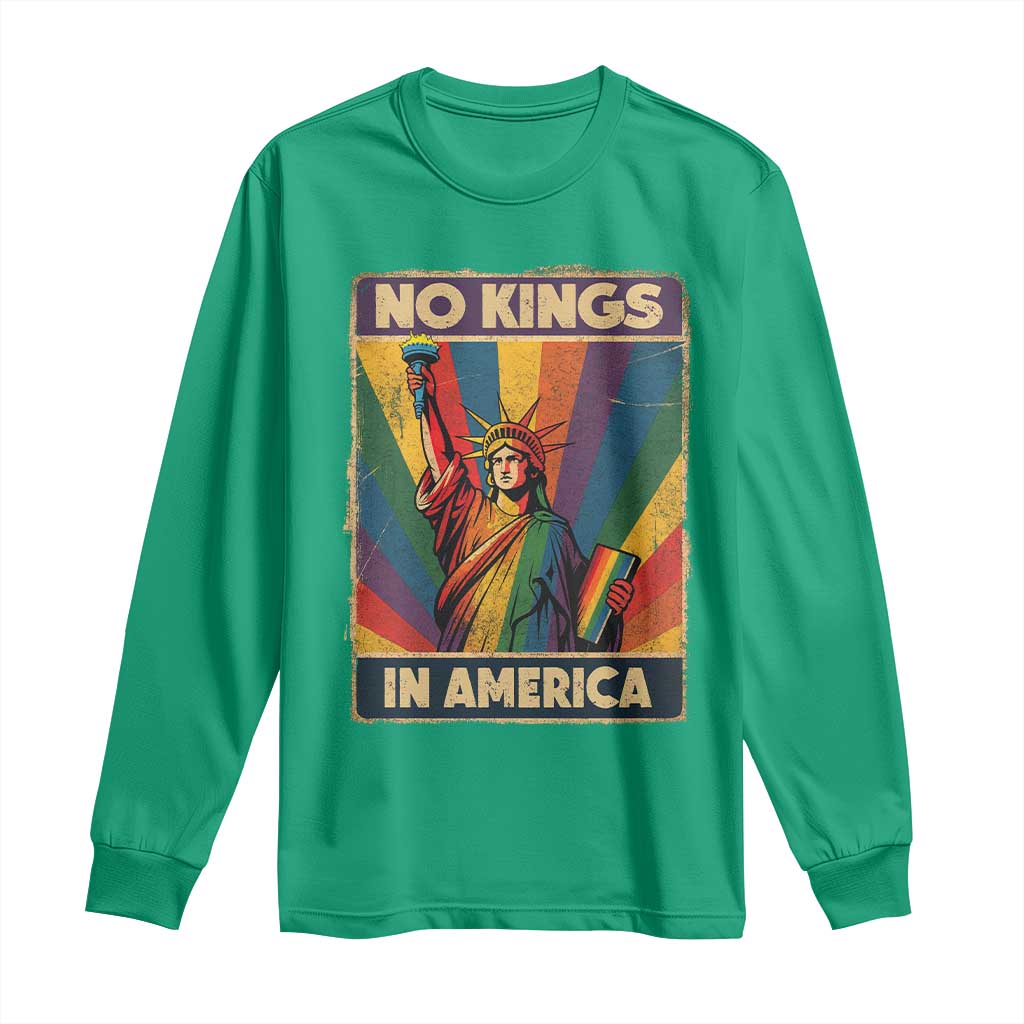 No Kings in America Pride Long Sleeve Shirt Rainbow Statue of Liberty Protest - Wonder Print Shop