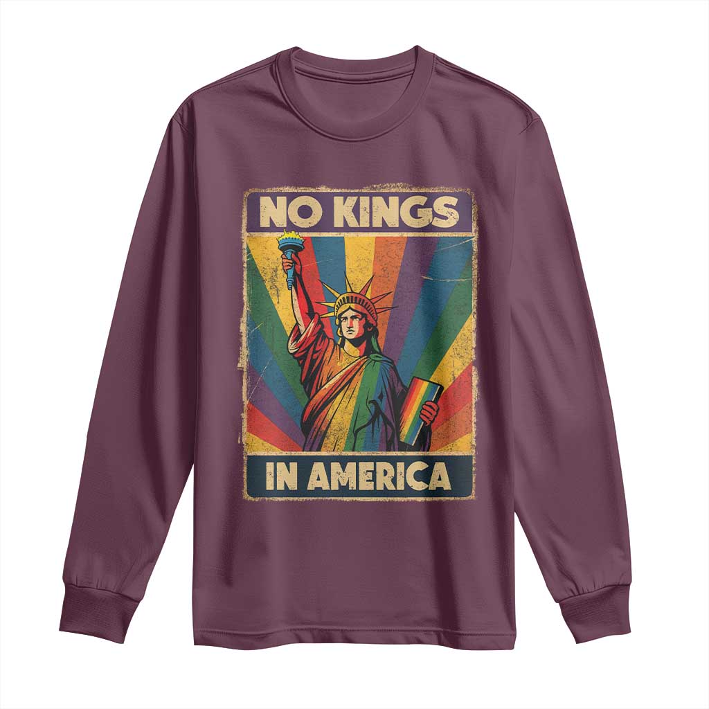 No Kings in America Pride Long Sleeve Shirt Rainbow Statue of Liberty Protest - Wonder Print Shop