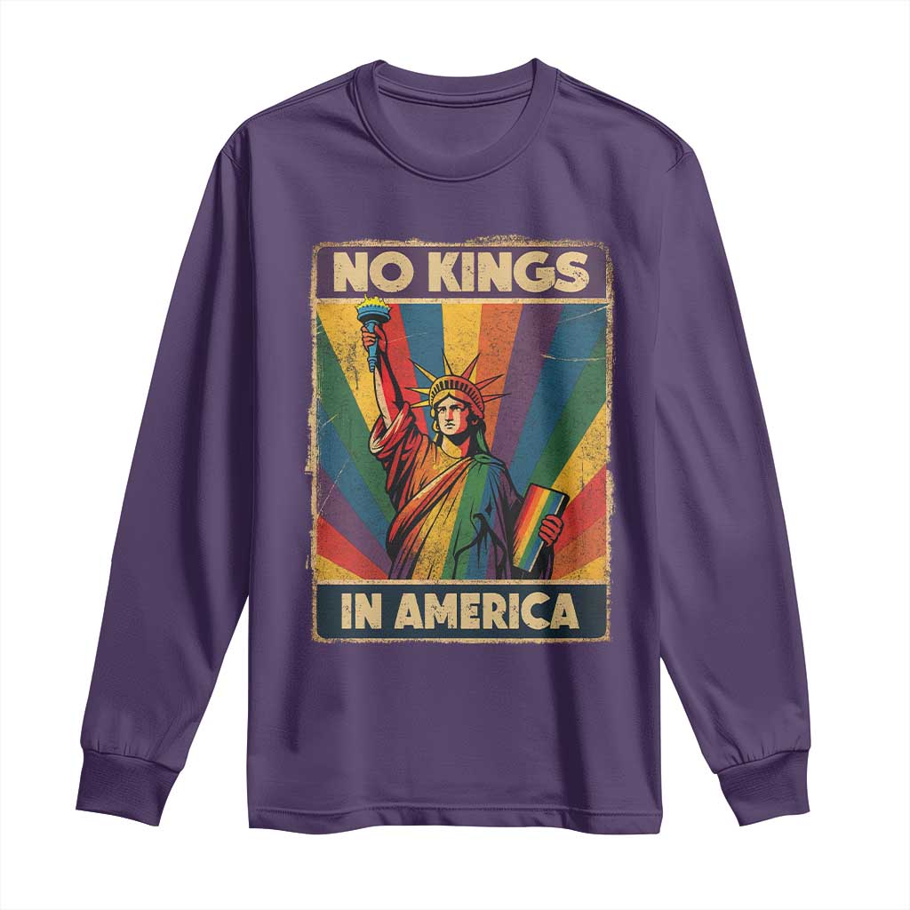 No Kings in America Pride Long Sleeve Shirt Rainbow Statue of Liberty Protest - Wonder Print Shop