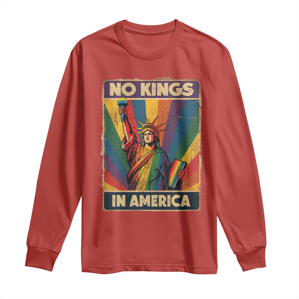 No Kings in America Pride Long Sleeve Shirt Rainbow Statue of Liberty Protest - Wonder Print Shop