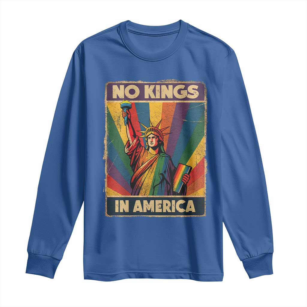 No Kings in America Pride Long Sleeve Shirt Rainbow Statue of Liberty Protest - Wonder Print Shop