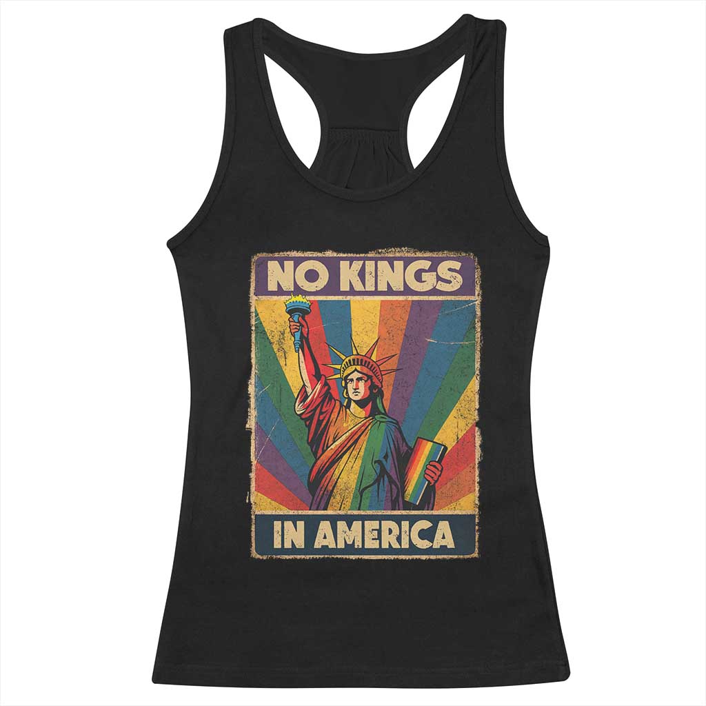 No Kings in America Pride Racerback Tank Top Rainbow Statue of Liberty Protest - Wonder Print Shop