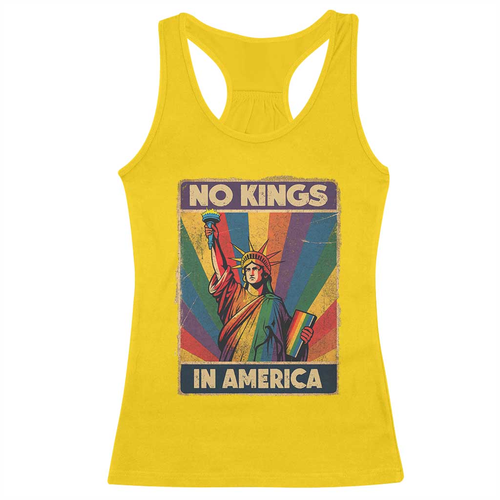 No Kings in America Pride Racerback Tank Top Rainbow Statue of Liberty Protest - Wonder Print Shop