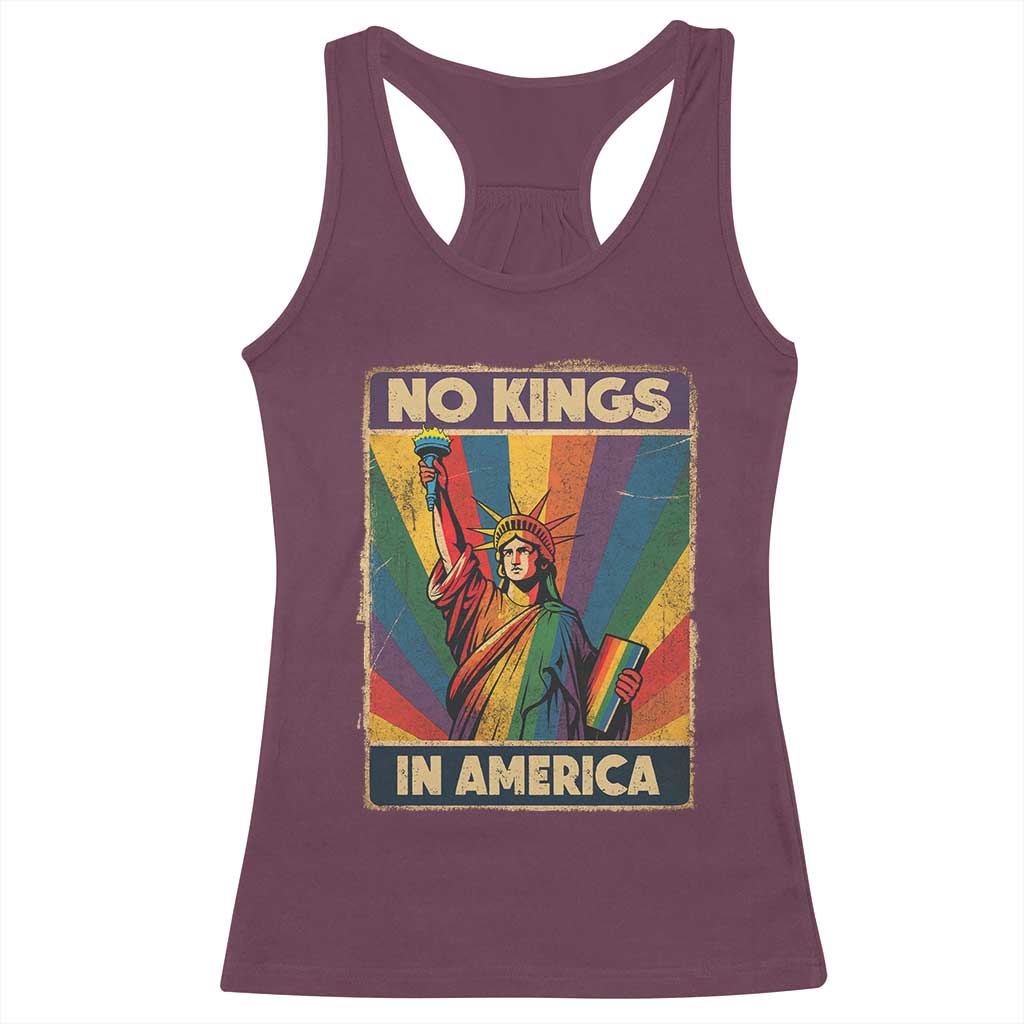 No Kings in America Pride Racerback Tank Top Rainbow Statue of Liberty Protest - Wonder Print Shop