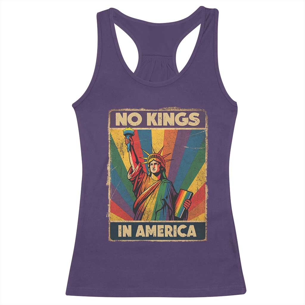 No Kings in America Pride Racerback Tank Top Rainbow Statue of Liberty Protest - Wonder Print Shop
