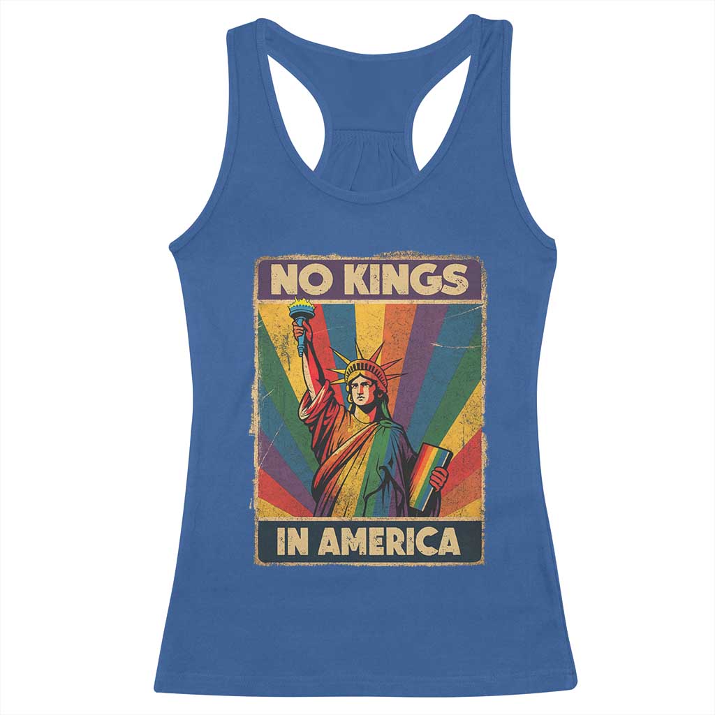 No Kings in America Pride Racerback Tank Top Rainbow Statue of Liberty Protest - Wonder Print Shop