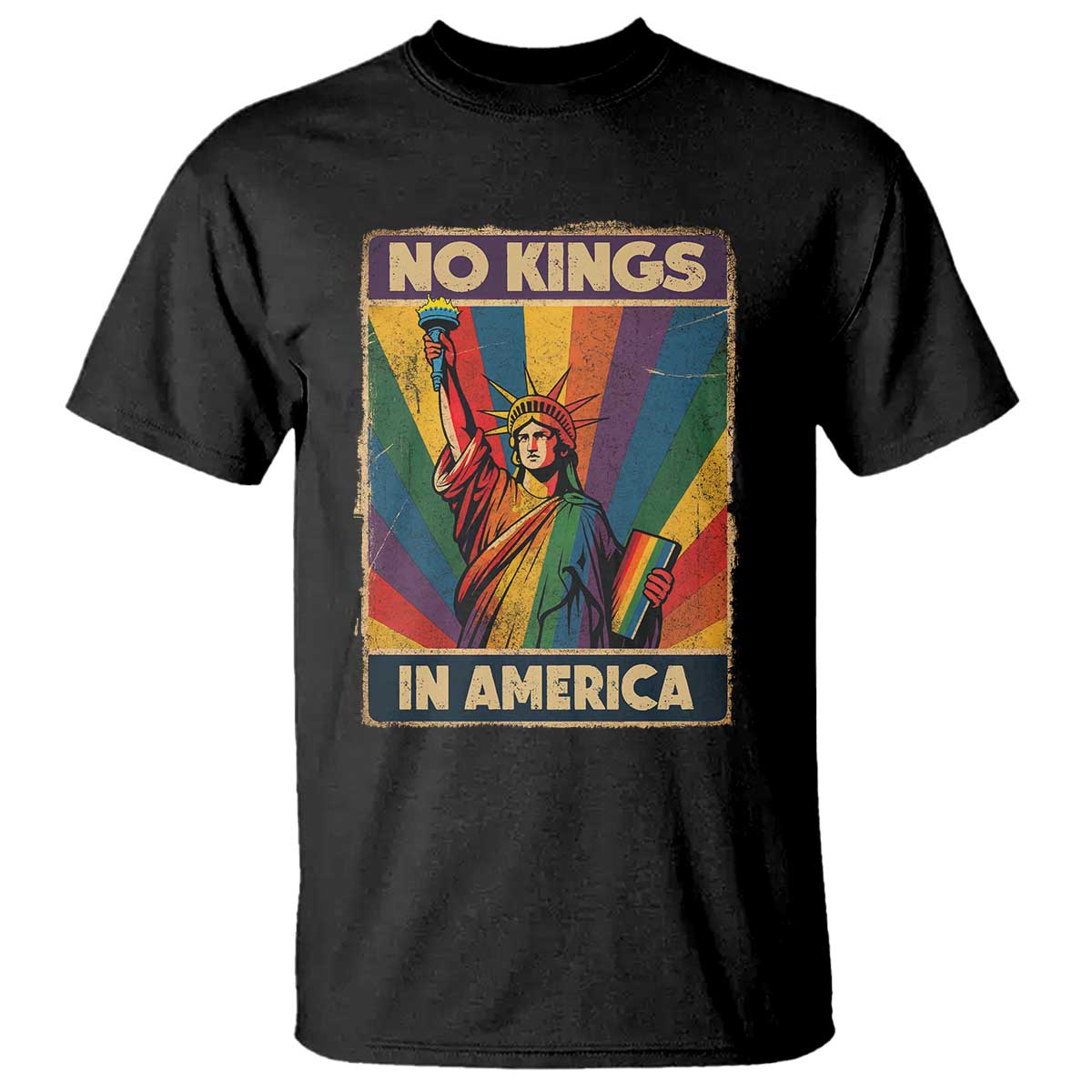 No Kings in America Pride T Shirt Rainbow Statue of Liberty Protest - Wonder Print Shop