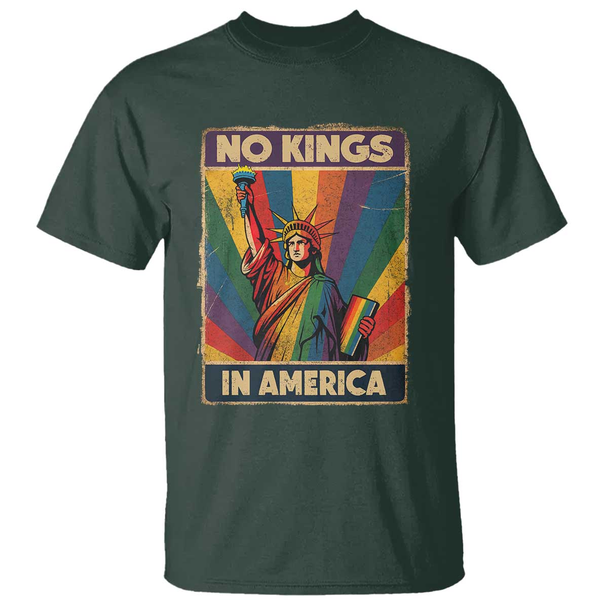 No Kings in America Pride T Shirt Rainbow Statue of Liberty Protest - Wonder Print Shop