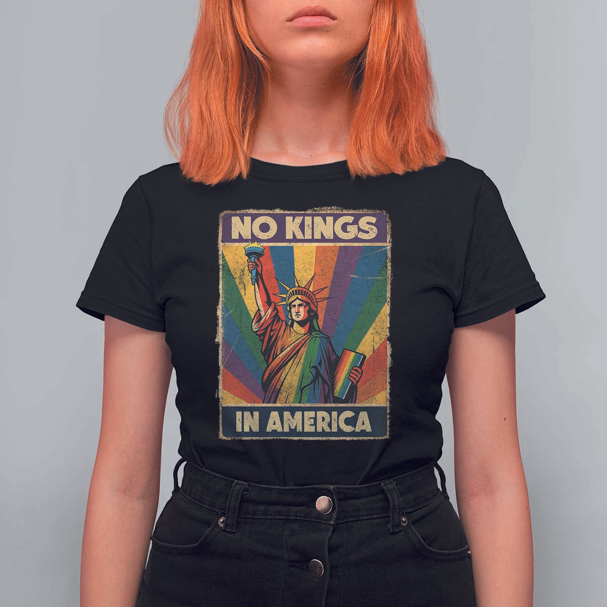 No Kings in America Pride T Shirt For Women Rainbow Statue of Liberty Protest - Wonder Print Shop