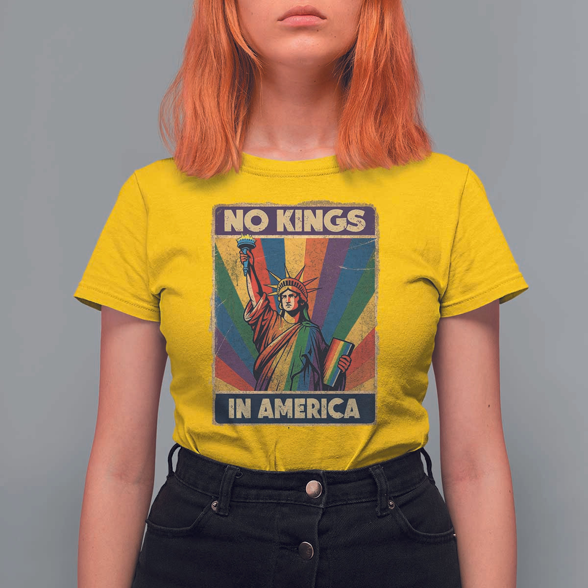 No Kings in America Pride T Shirt For Women Rainbow Statue of Liberty Protest - Wonder Print Shop