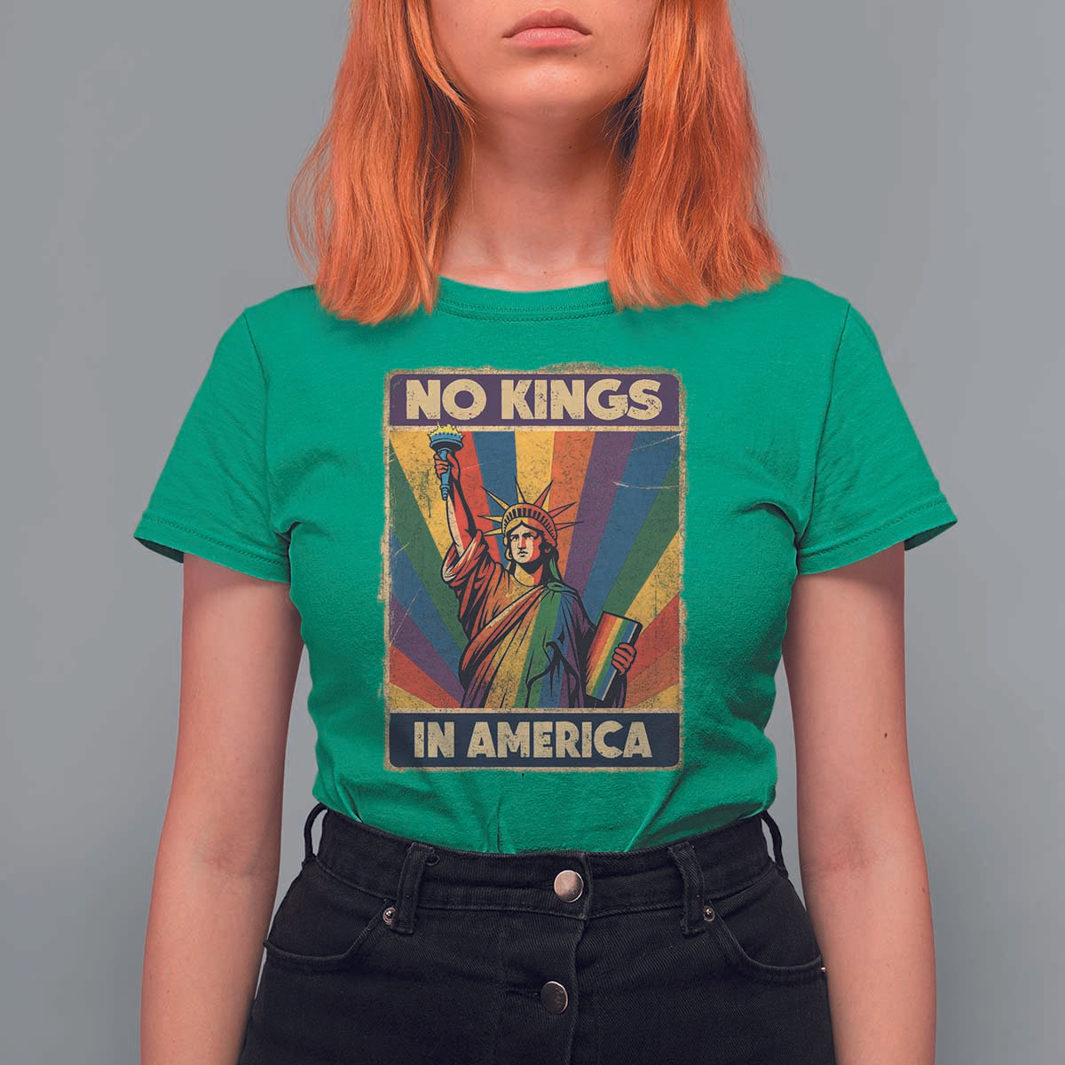 No Kings in America Pride T Shirt For Women Rainbow Statue of Liberty Protest - Wonder Print Shop