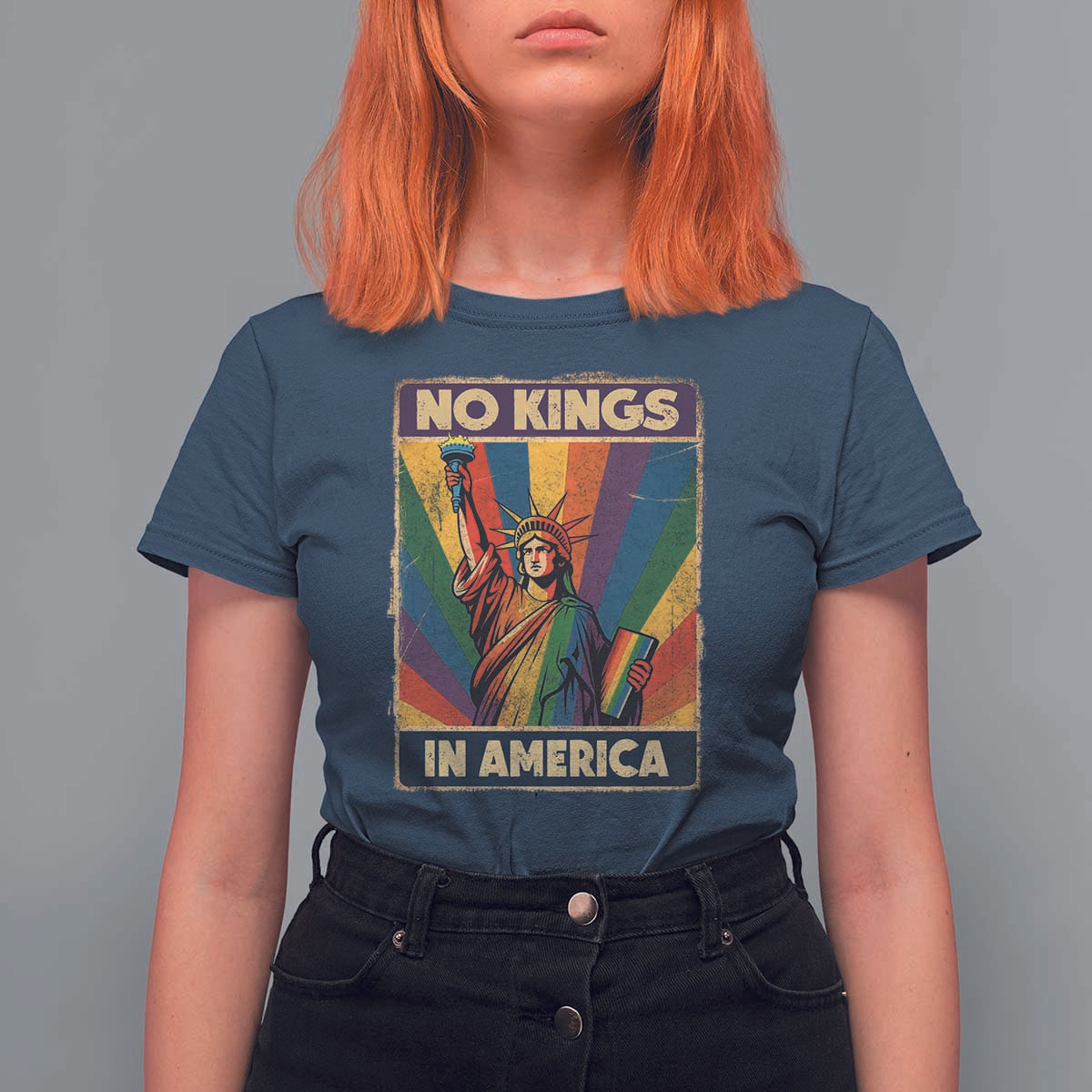 No Kings in America Pride T Shirt For Women Rainbow Statue of Liberty Protest - Wonder Print Shop