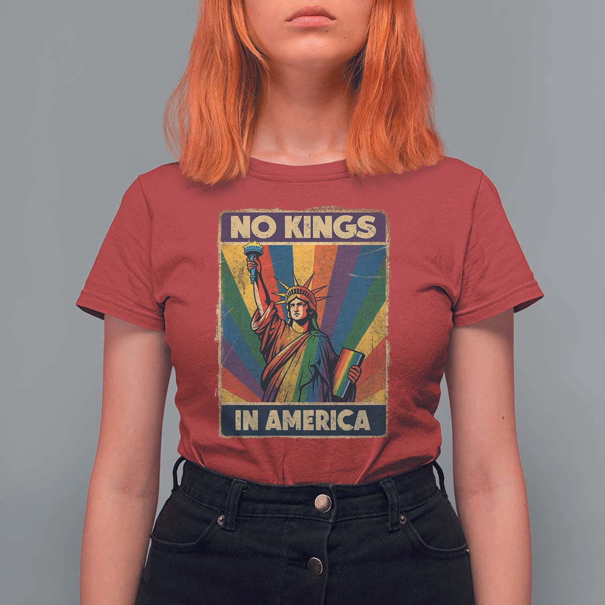 No Kings in America Pride T Shirt For Women Rainbow Statue of Liberty Protest - Wonder Print Shop