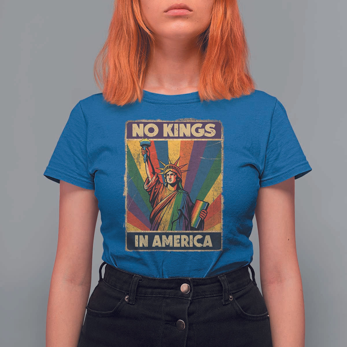 No Kings in America Pride T Shirt For Women Rainbow Statue of Liberty Protest - Wonder Print Shop