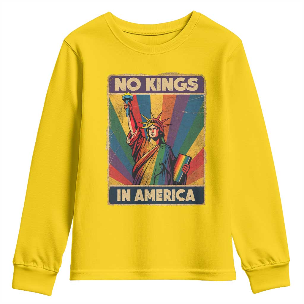 No Kings in America Pride Youth Sweatshirt Rainbow Statue of Liberty Protest - Wonder Print Shop