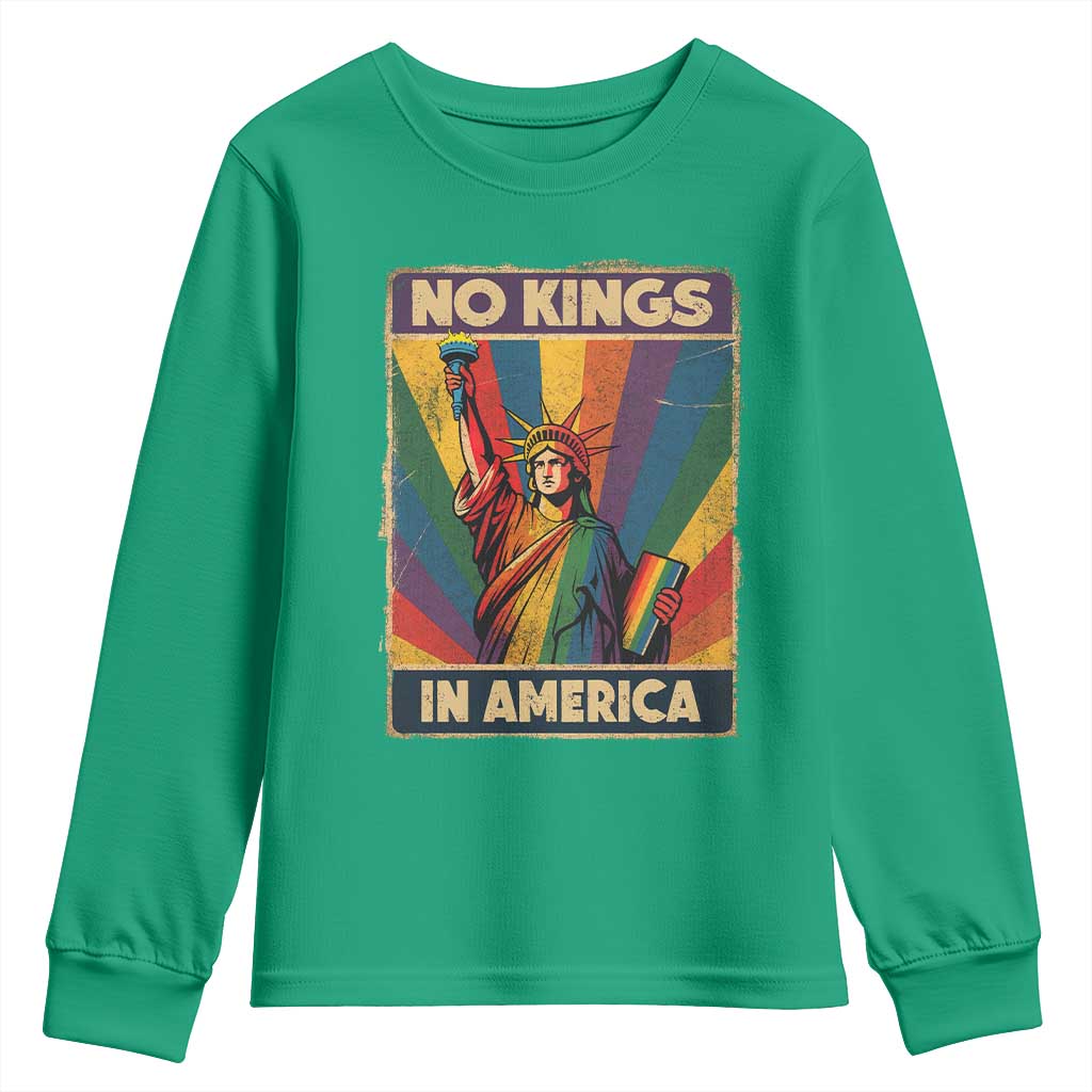 No Kings in America Pride Youth Sweatshirt Rainbow Statue of Liberty Protest - Wonder Print Shop