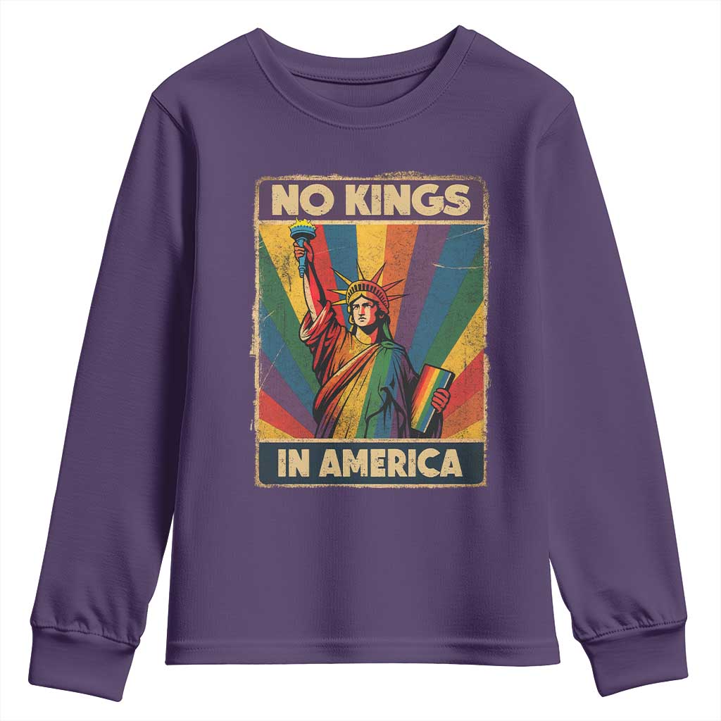 No Kings in America Pride Youth Sweatshirt Rainbow Statue of Liberty Protest - Wonder Print Shop