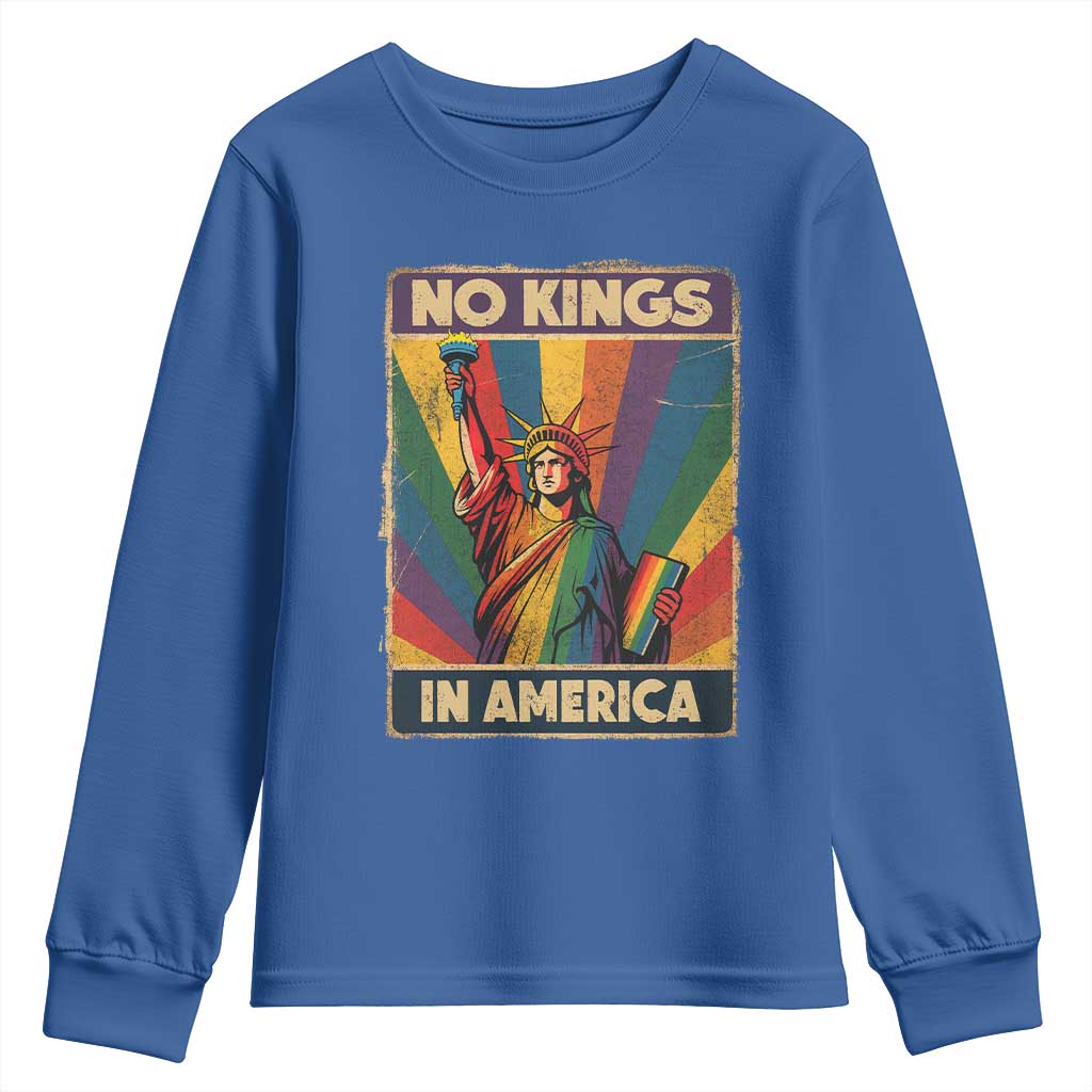 No Kings in America Pride Youth Sweatshirt Rainbow Statue of Liberty Protest - Wonder Print Shop