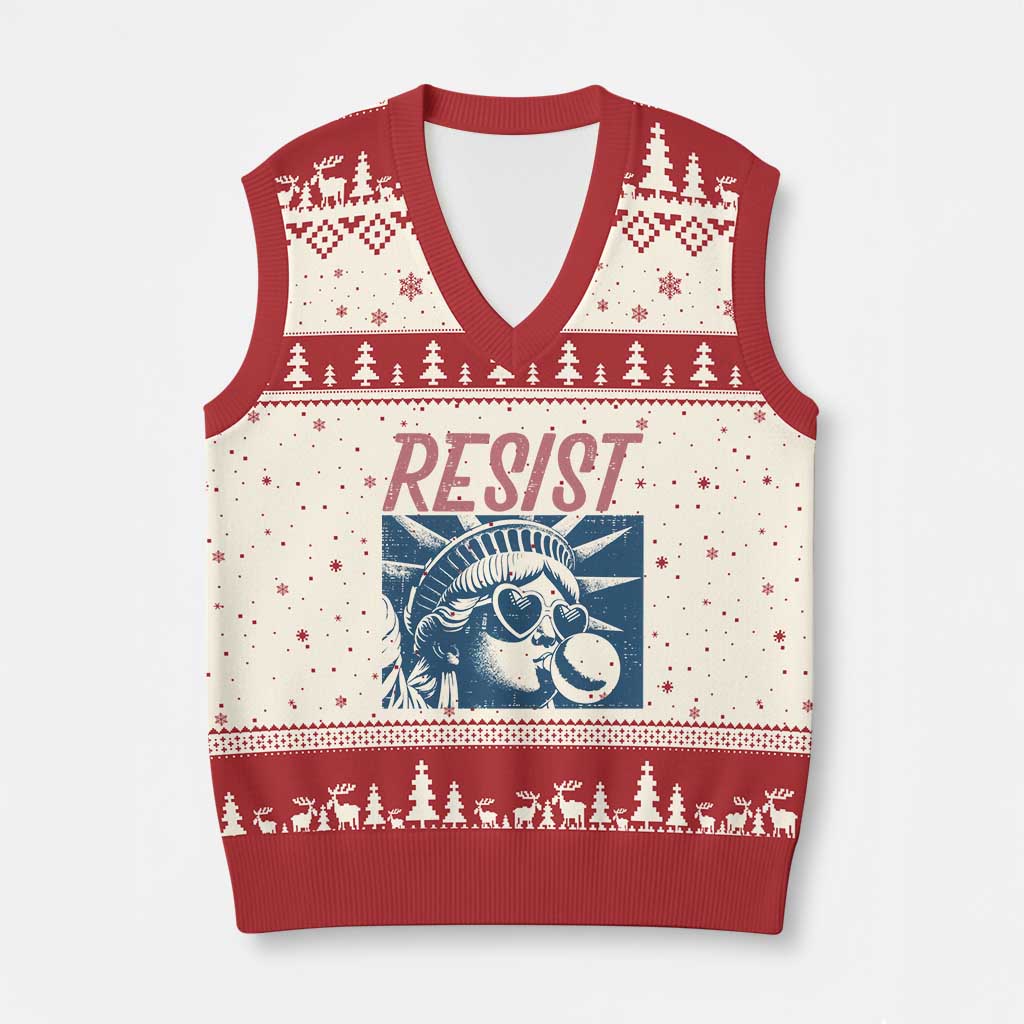 Liberty Resist V-Neck Knit Sweater Vest Feminist Bubblegum Statue of Liberty Retro Graphic - Wonder Print Shop