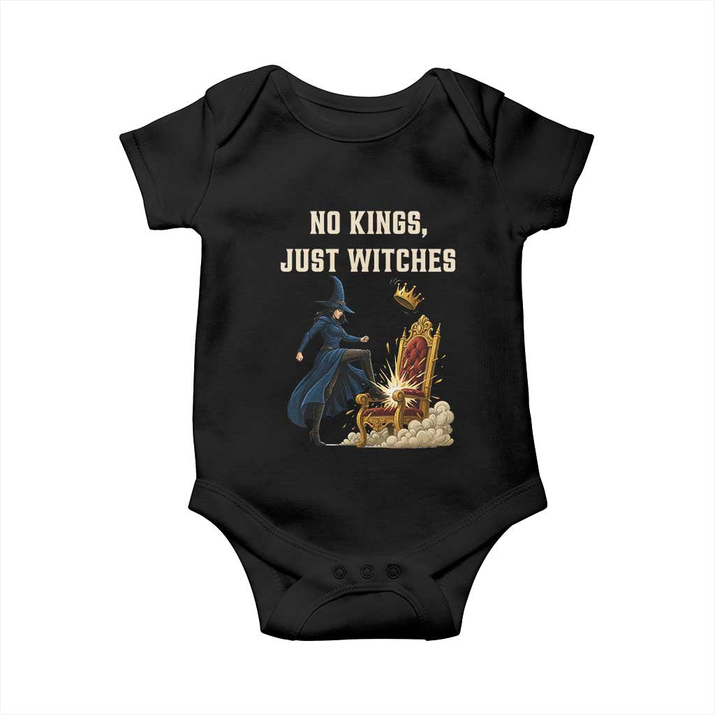 No Kings Just Witches Baby Onesie Feminist Witch Kicking Throne Protest - Wonder Print Shop