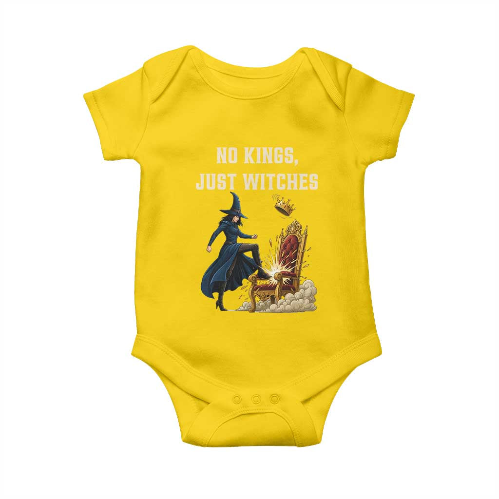 No Kings Just Witches Baby Onesie Feminist Witch Kicking Throne Protest - Wonder Print Shop