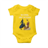 No Kings Just Witches Baby Onesie Feminist Witch Kicking Throne Protest - Wonder Print Shop