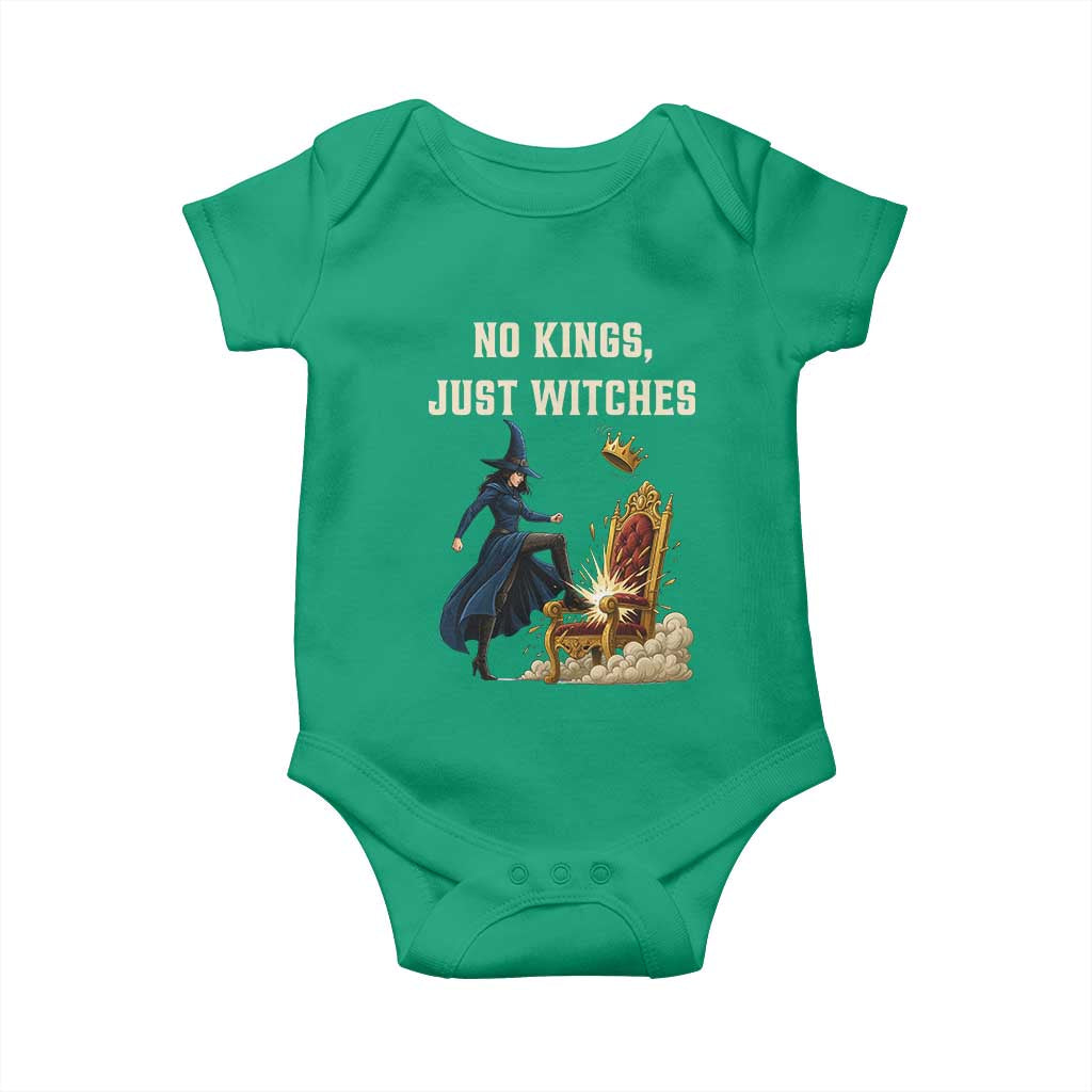 No Kings Just Witches Baby Onesie Feminist Witch Kicking Throne Protest - Wonder Print Shop