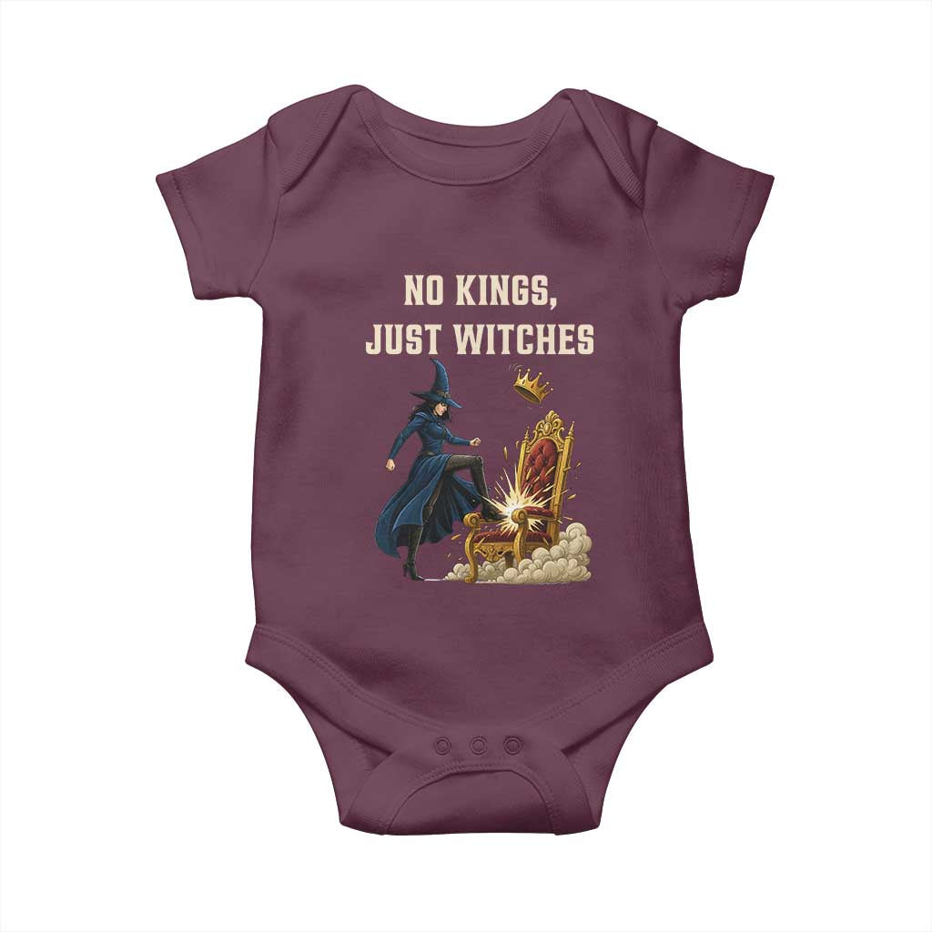 No Kings Just Witches Baby Onesie Feminist Witch Kicking Throne Protest - Wonder Print Shop