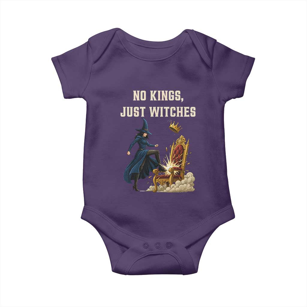 No Kings Just Witches Baby Onesie Feminist Witch Kicking Throne Protest - Wonder Print Shop
