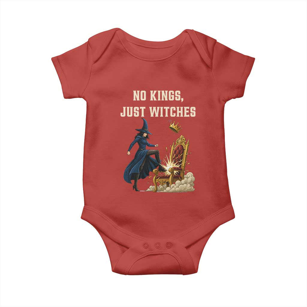 No Kings Just Witches Baby Onesie Feminist Witch Kicking Throne Protest - Wonder Print Shop