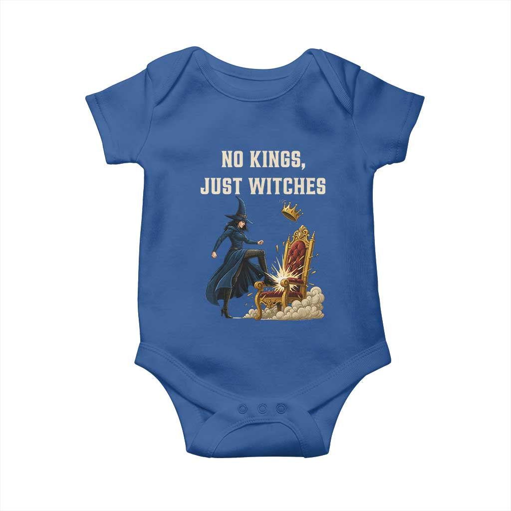 No Kings Just Witches Baby Onesie Feminist Witch Kicking Throne Protest - Wonder Print Shop