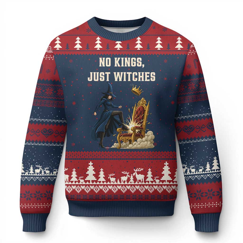 No Kings Just Witches Ugly Christmas Sweater Feminist Witch Kicking Throne Protest - Wonder Print Shop