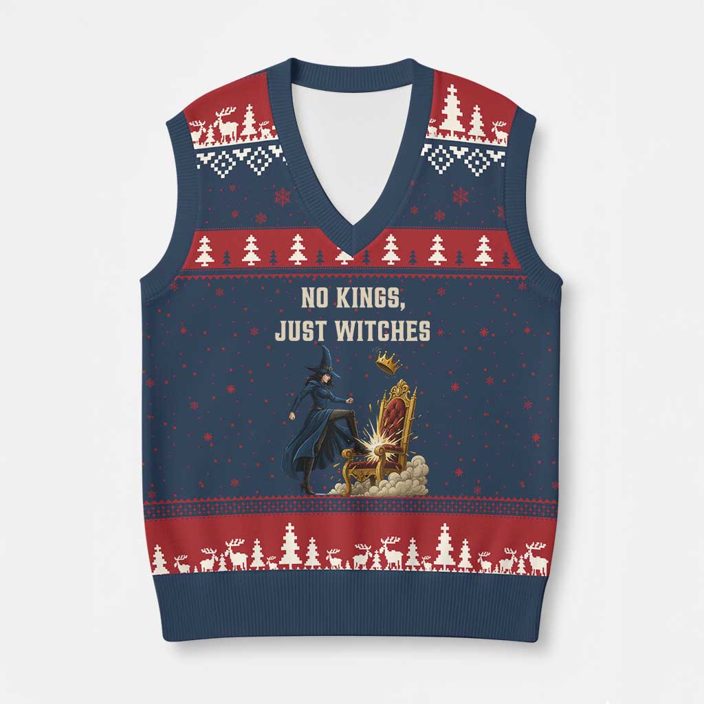 No Kings Just Witches V-Neck Knit Sweater Vest Feminist Witch Kicking Throne Protest - Wonder Print Shop