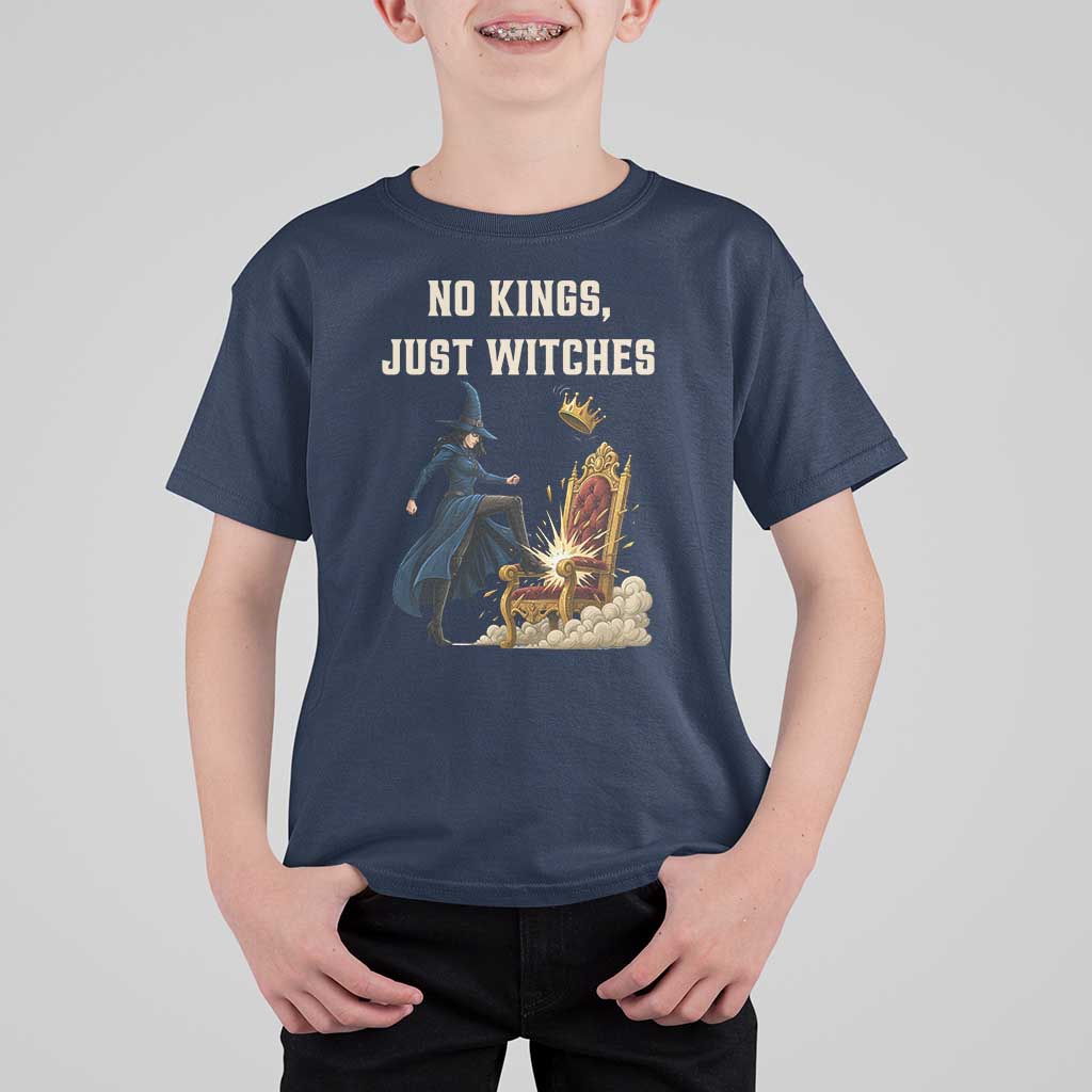 No Kings Just Witches T Shirt For Kid Feminist Witch Kicking Throne Protest - Wonder Print Shop