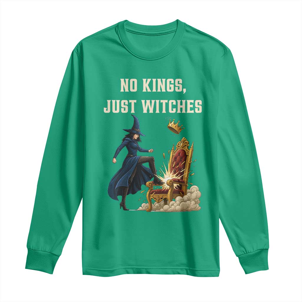 No Kings Just Witches Long Sleeve Shirt Feminist Witch Kicking Throne Protest - Wonder Print Shop