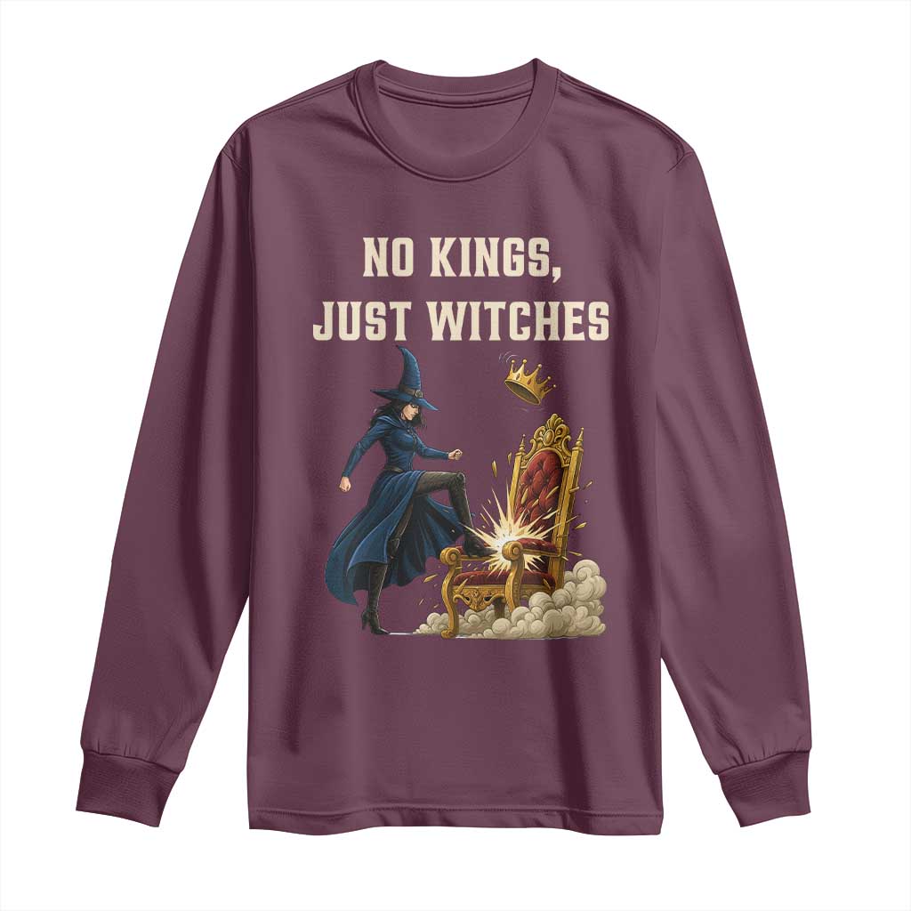 No Kings Just Witches Long Sleeve Shirt Feminist Witch Kicking Throne Protest - Wonder Print Shop