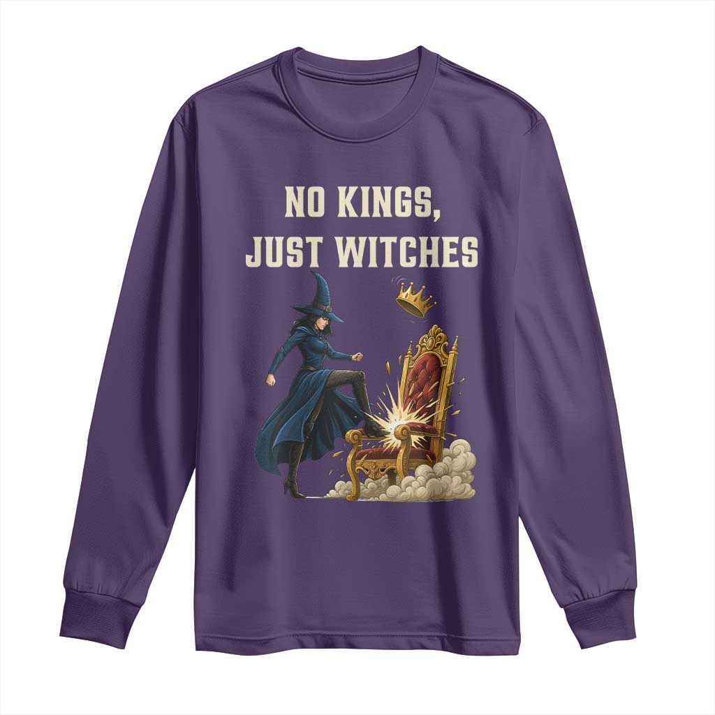 No Kings Just Witches Long Sleeve Shirt Feminist Witch Kicking Throne Protest - Wonder Print Shop