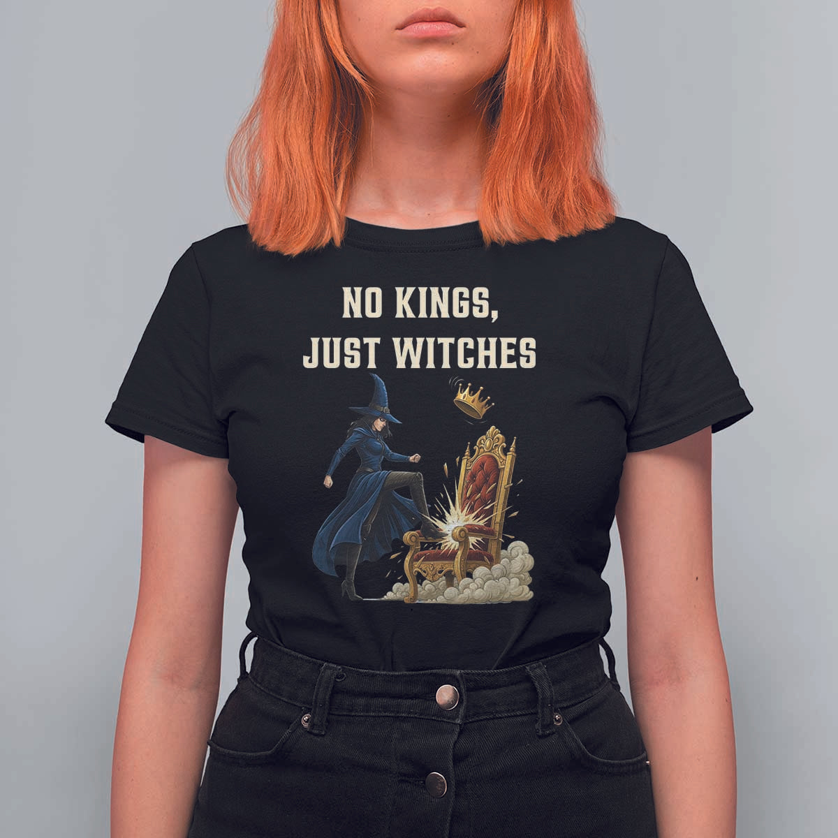No Kings Just Witches T Shirt For Women Feminist Witch Kicking Throne Protest - Wonder Print Shop