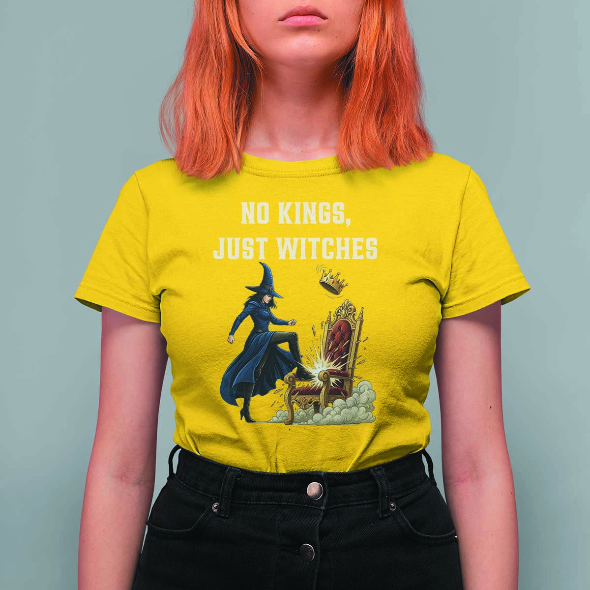 No Kings Just Witches T Shirt For Women Feminist Witch Kicking Throne Protest - Wonder Print Shop