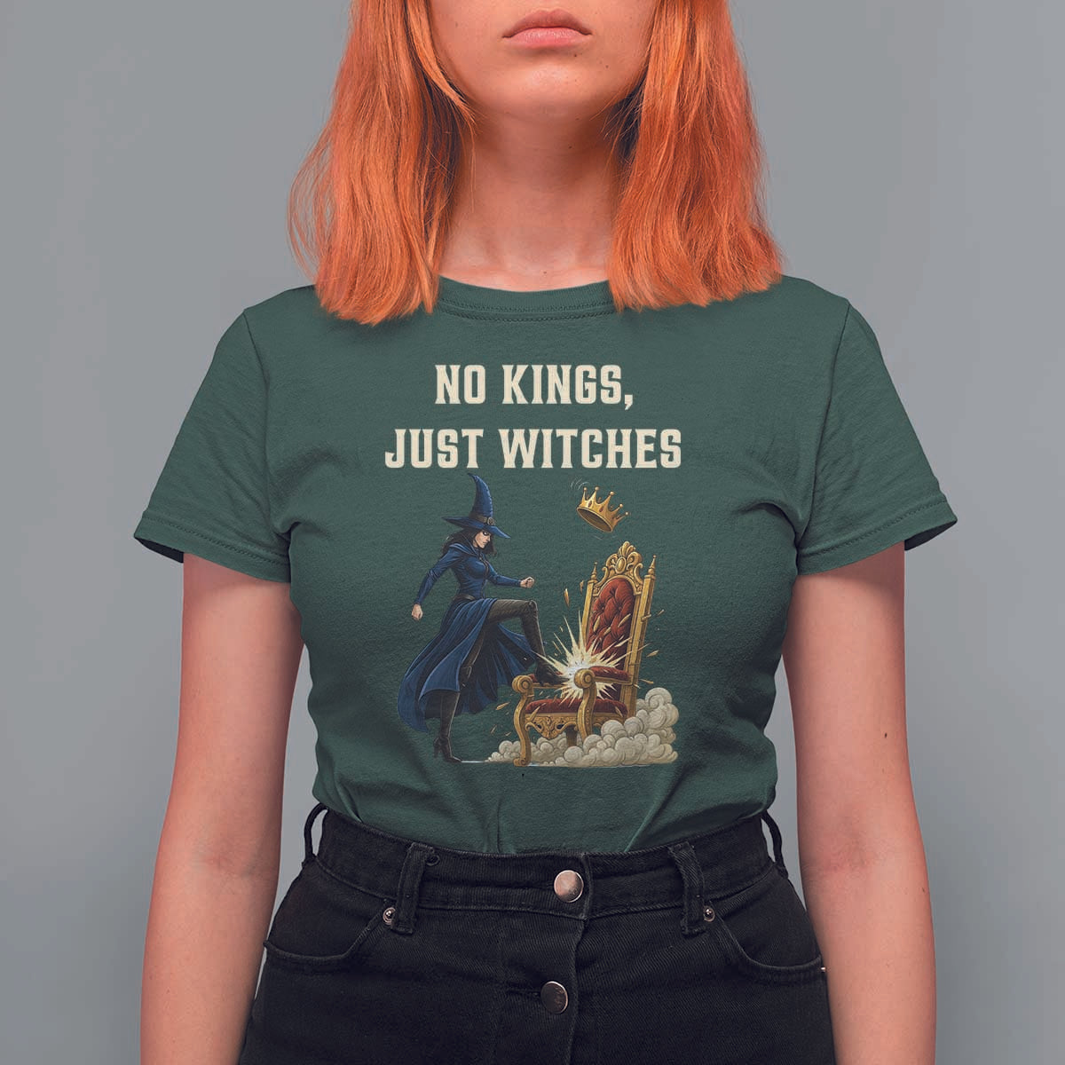 No Kings Just Witches T Shirt For Women Feminist Witch Kicking Throne Protest - Wonder Print Shop