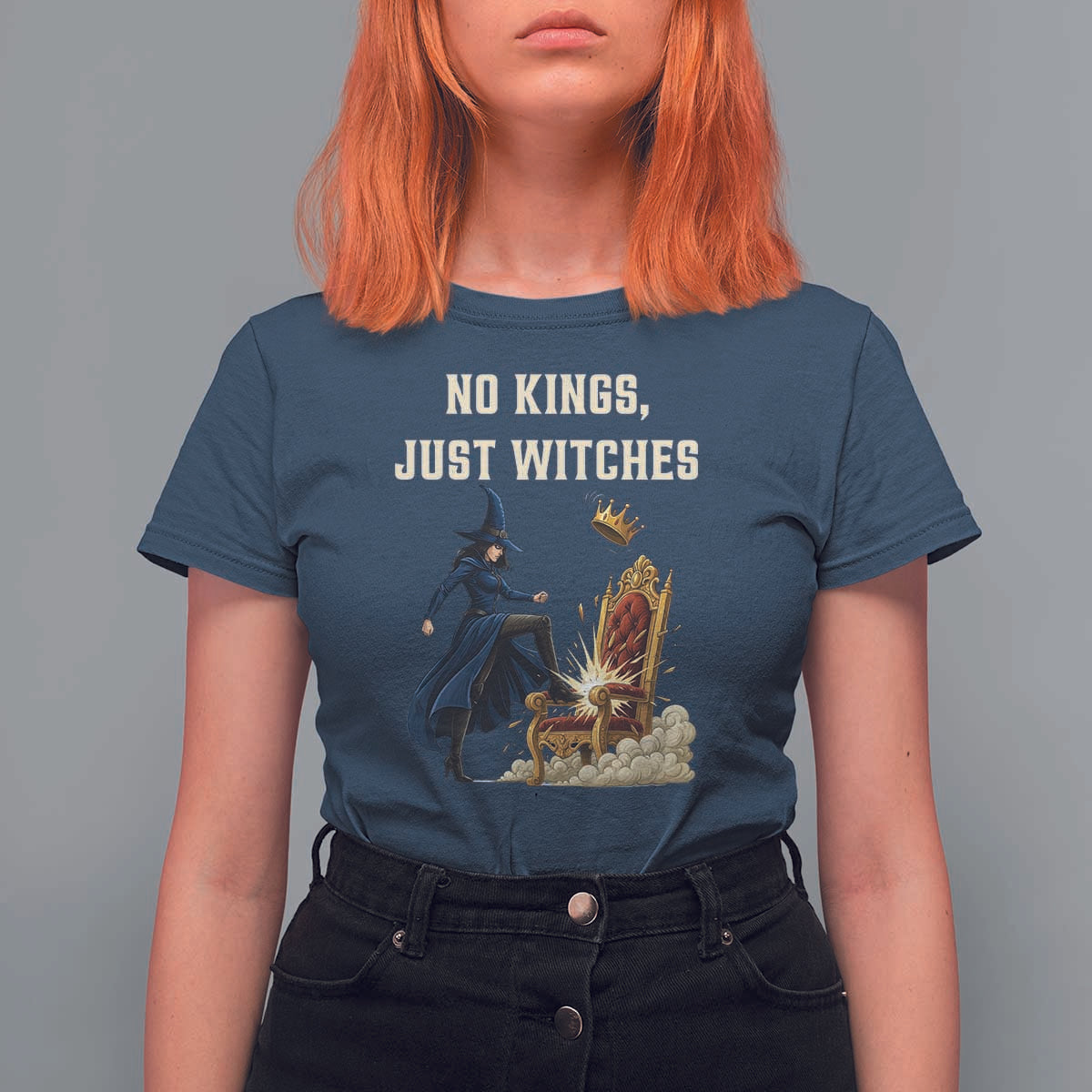 No Kings Just Witches T Shirt For Women Feminist Witch Kicking Throne Protest - Wonder Print Shop