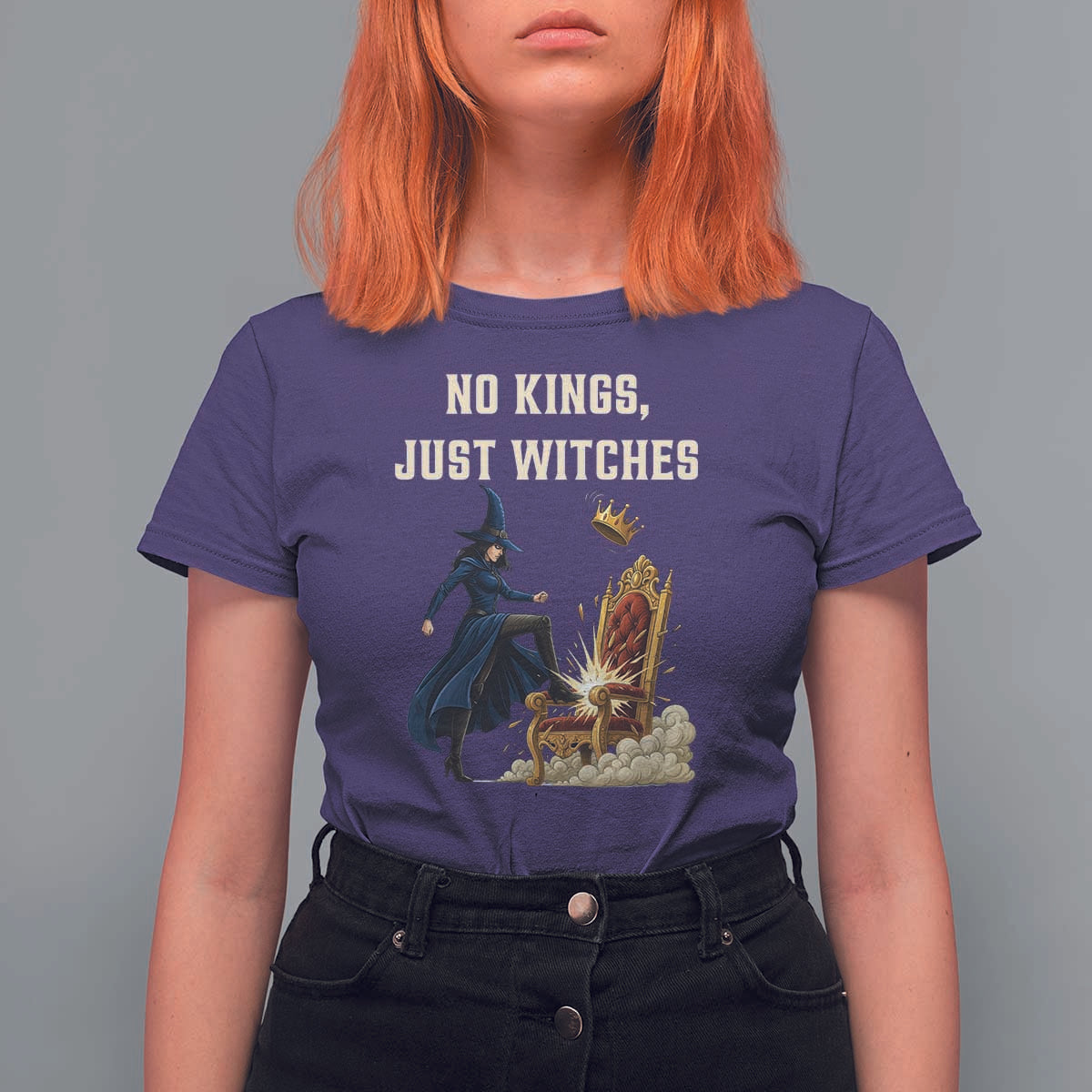 No Kings Just Witches T Shirt For Women Feminist Witch Kicking Throne Protest - Wonder Print Shop