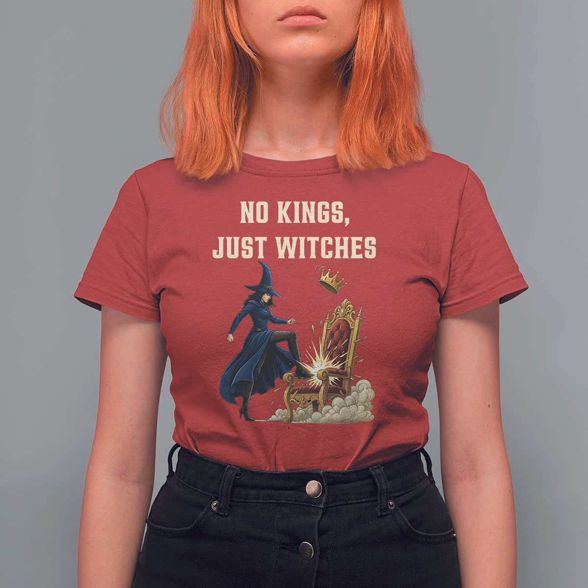 No Kings Just Witches T Shirt For Women Feminist Witch Kicking Throne Protest - Wonder Print Shop
