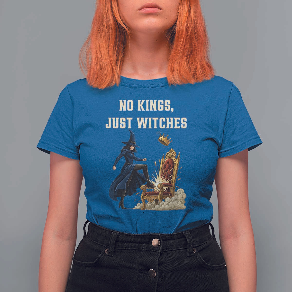No Kings Just Witches T Shirt For Women Feminist Witch Kicking Throne Protest - Wonder Print Shop