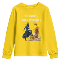 No Kings Just Witches Youth Sweatshirt Feminist Witch Kicking Throne Protest - Wonder Print Shop