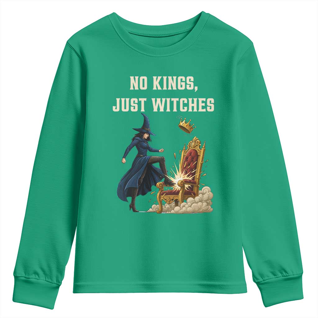 No Kings Just Witches Youth Sweatshirt Feminist Witch Kicking Throne Protest - Wonder Print Shop