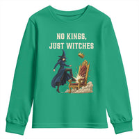 No Kings Just Witches Youth Sweatshirt Feminist Witch Kicking Throne Protest - Wonder Print Shop