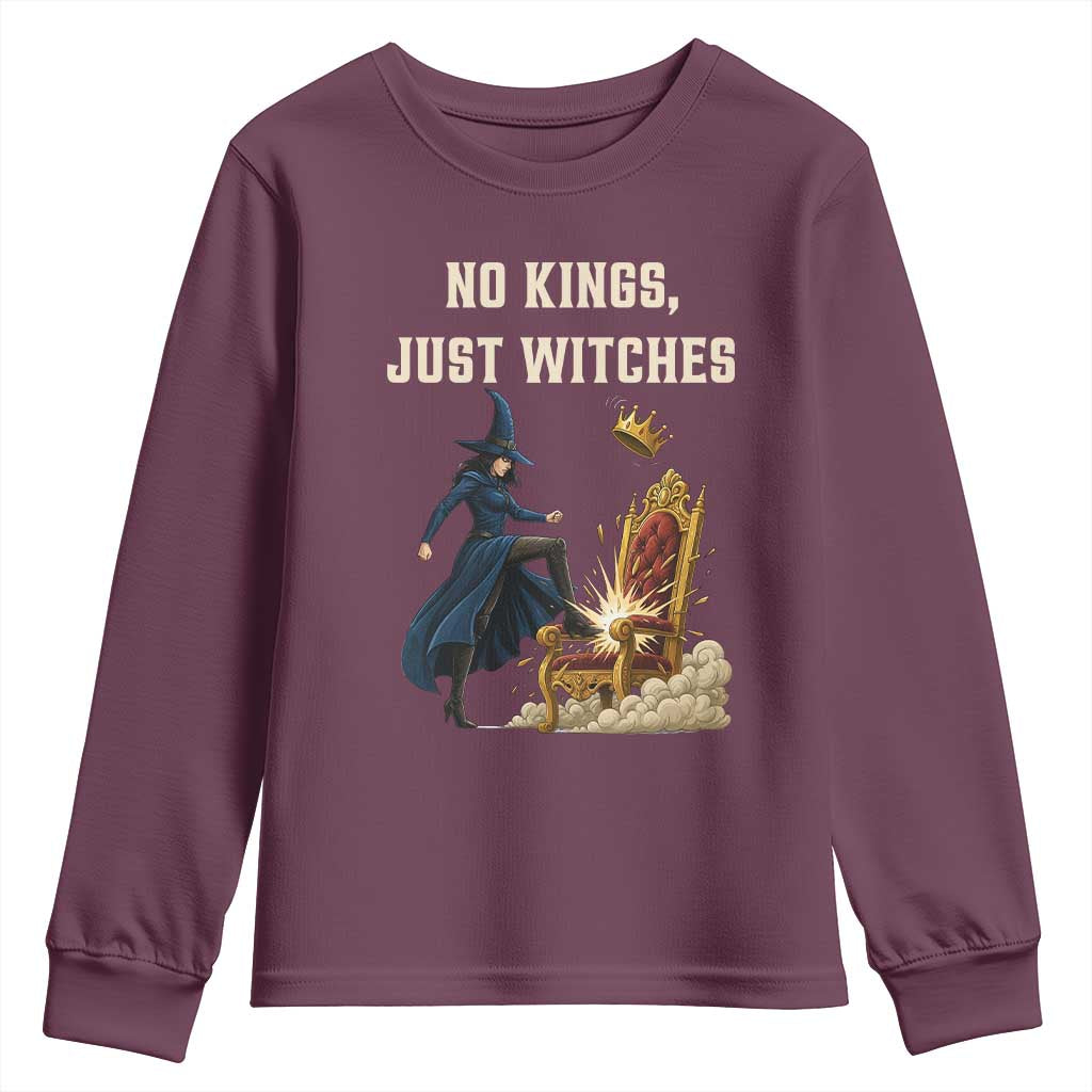 No Kings Just Witches Youth Sweatshirt Feminist Witch Kicking Throne Protest - Wonder Print Shop