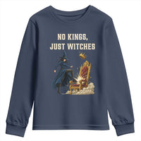 No Kings Just Witches Youth Sweatshirt Feminist Witch Kicking Throne Protest - Wonder Print Shop